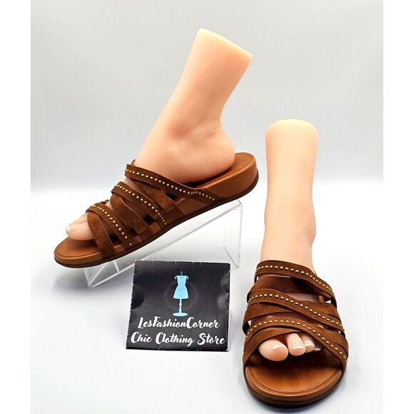 FitFlop Women's Brown Leather Lumy Strappy Studded Slide On Sandals Size 10 2428 - Picture 1 of 16
